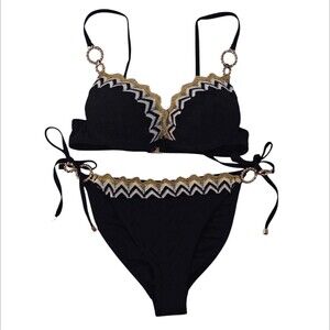 Y2K Bikini Swimsuit Crochet Pushup Bra 8 Top 6 String Small S Black Gold Mobwife